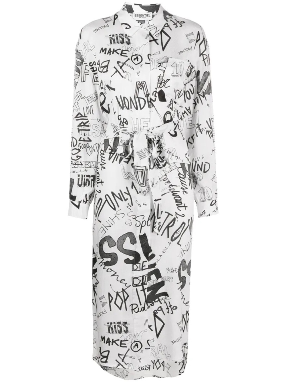 Essentiel White Long Sleeve Shirt Dress with Black Graffiti Print